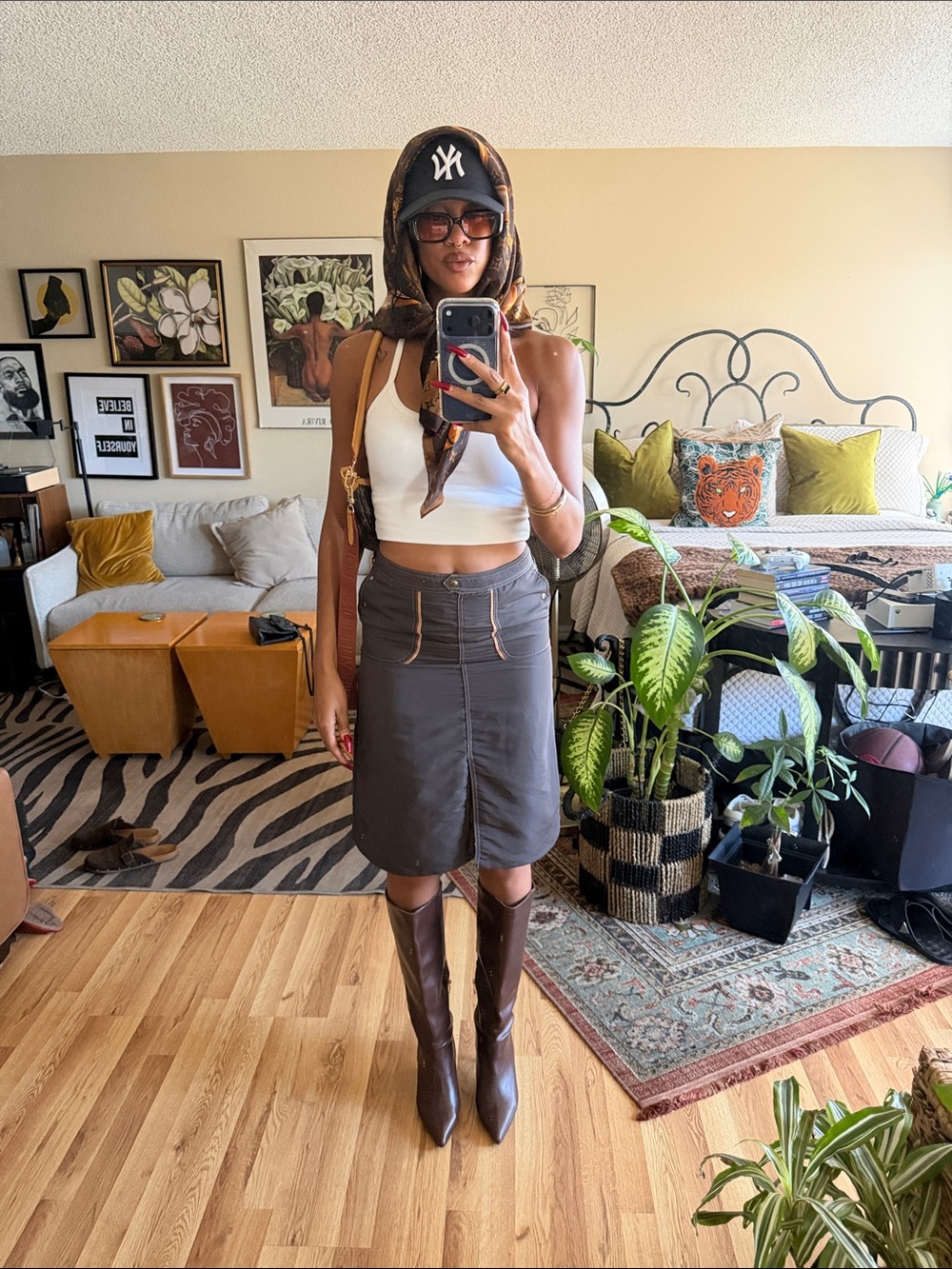 Vintage brown utility-style midi skirt